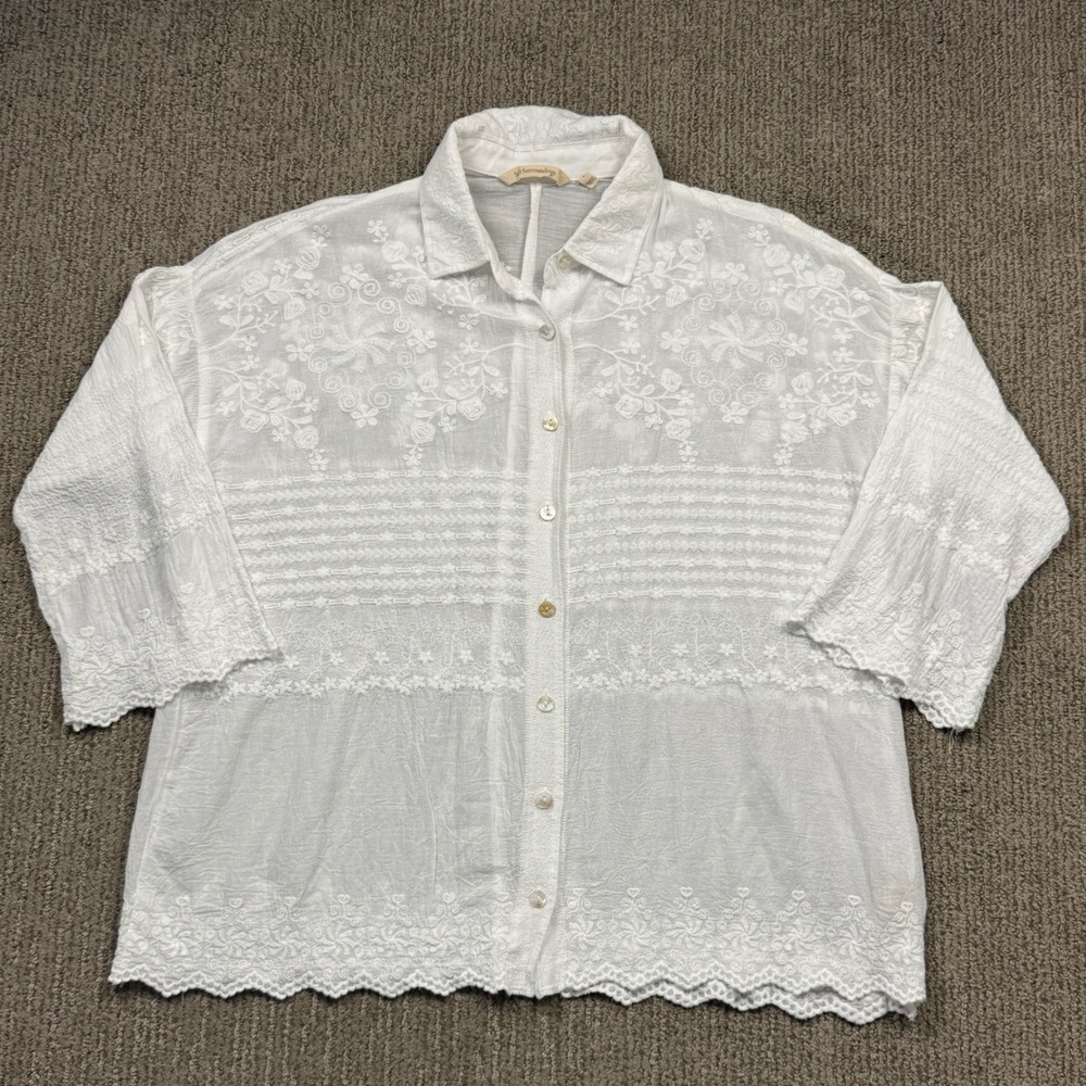 Soft Surroundings Embroidered Lace Button Up Shirt Womens L 3/4 Sleeve Boho